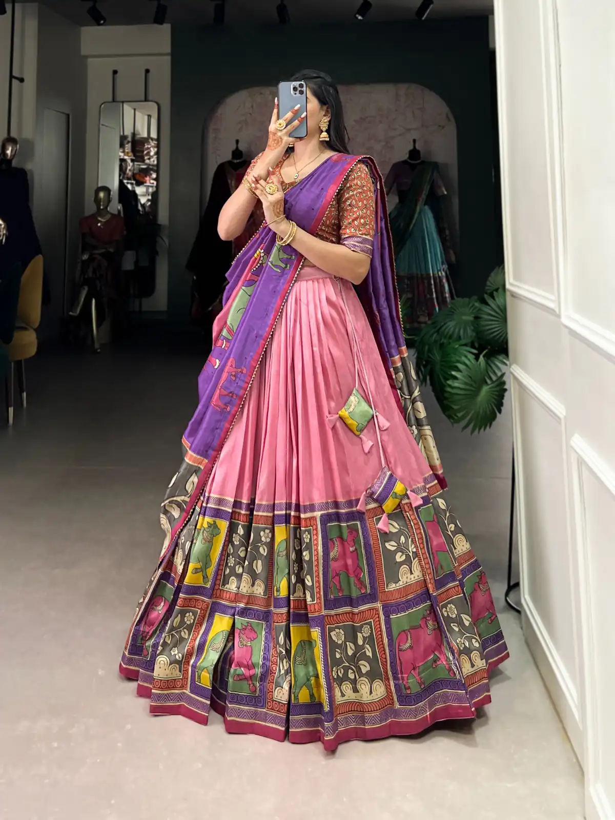 Peach Tasar Kalamkari Lehenga Choli | Lehenga, Bollywood Lehenga, Creative Lehenga, Designer Lehenga, Embroidered Lehenga, Party Wear Lehenga