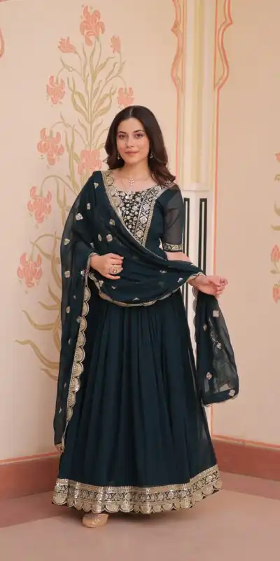 Peacock Blue Faux Blooming Embroidery Zari Work Gown | Gowns, Bollywood Gowns, Creative Gowns, Designer Gowns, Embroidered Gowns, Party Wear Gowns