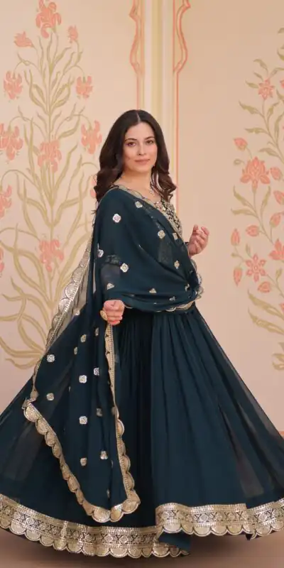 Peacock Blue Faux Blooming Embroidery Zari Work Gown | Gowns, Bollywood Gowns, Creative Gowns, Designer Gowns, Embroidered Gowns, Party Wear Gowns
