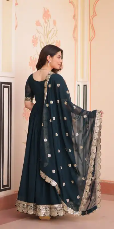 Peacock Blue Faux Blooming Embroidery Zari Work Gown | Gowns, Bollywood Gowns, Creative Gowns, Designer Gowns, Embroidered Gowns, Party Wear Gowns