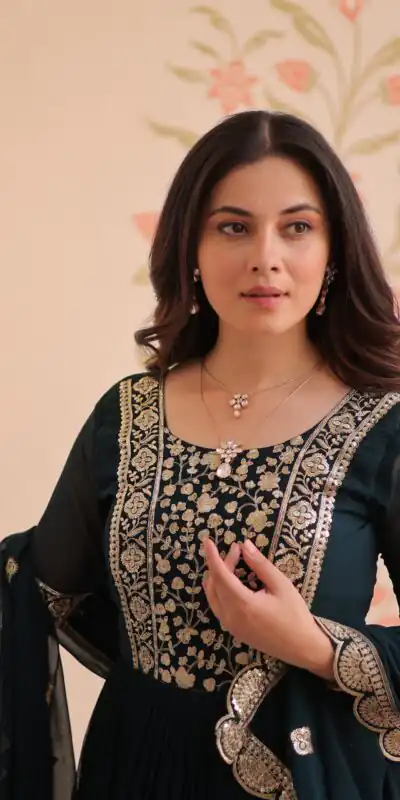 Peacock Blue Faux Blooming Embroidery Zari Work Gown | Gowns, Bollywood Gowns, Creative Gowns, Designer Gowns, Embroidered Gowns, Party Wear Gowns