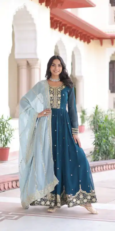 Peacock Blue Faux Georgette Sequence Work Gown | Gowns, Bollywood Gowns, Creative Gowns, Designer Gowns, Embroidered Gowns, Party Wear Gowns