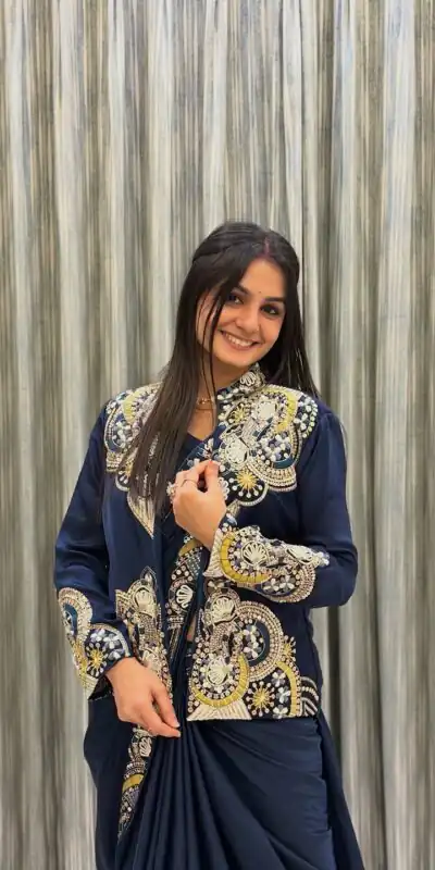 Peacock Blue French Crape Embroidery Work Saree | Sarees, Bollywood Sarees, Creative Sarees, Designer Sarees, Embroidered Sarees, Ethnic Saree, Modern Digital sarees, Party Wear Sarees