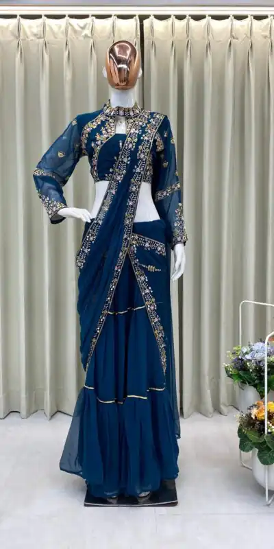 Peacock Blue Georgette Embroidery Lehenga Saree | Lehenga, Bollywood Lehenga, Creative Lehenga, Designer Lehenga, Embroidered Lehenga, Party Wear Lehenga