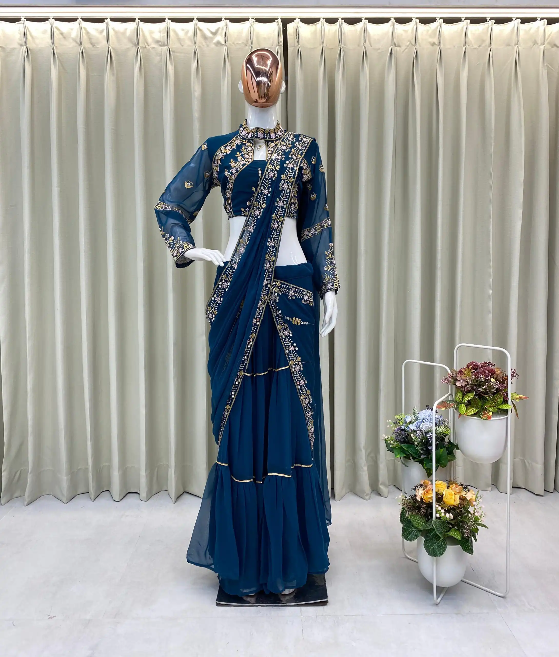 Peacock Blue Georgette Embroidery Lehenga Saree | Lehenga, Bollywood Lehenga, Creative Lehenga, Designer Lehenga, Embroidered Lehenga, Party Wear Lehenga