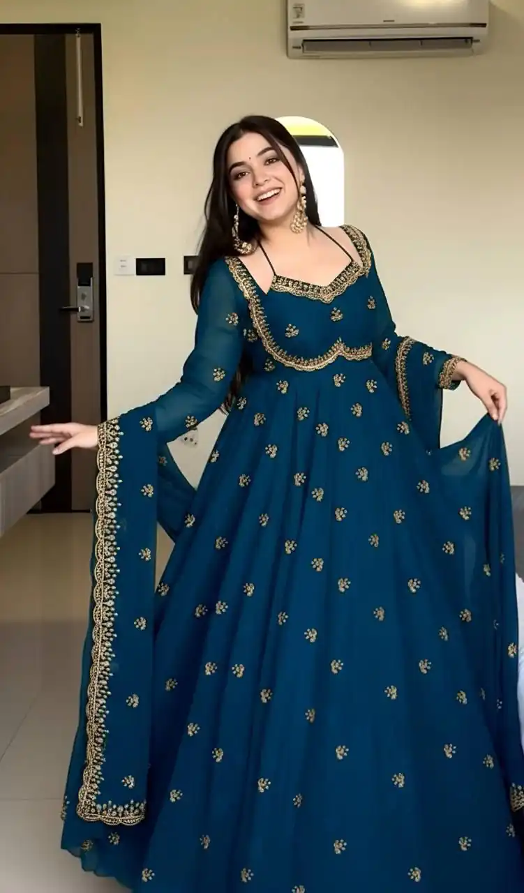 Peacock Blue Georgette Embroidery Work Gown | Gowns, Bollywood Gowns, Creative Gowns, Designer Gowns, Embroidered Gowns, Party Wear Gowns