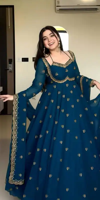 Peacock Blue Georgette Embroidery Work Gown | Gowns, Bollywood Gowns, Creative Gowns, Designer Gowns, Embroidered Gowns, Party Wear Gowns