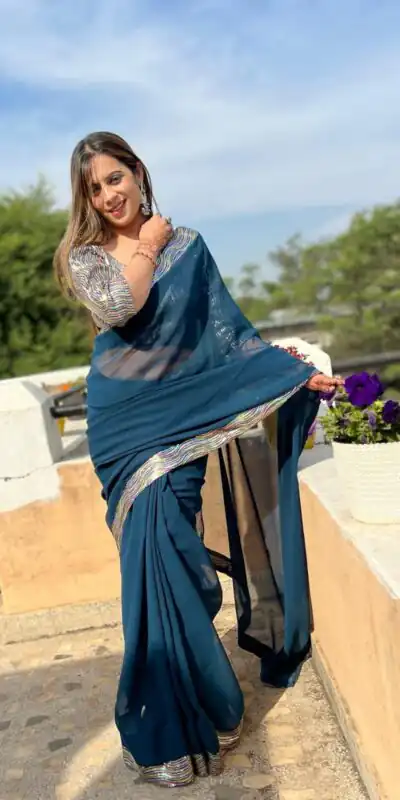 Peacock Blue Georgette Sequence Work Lace Saree | Sarees, Bollywood Sarees, Creative Sarees, Designer Sarees, Embroidered Sarees, Ethnic Saree, Modern Digital sarees, Party Wear Sarees