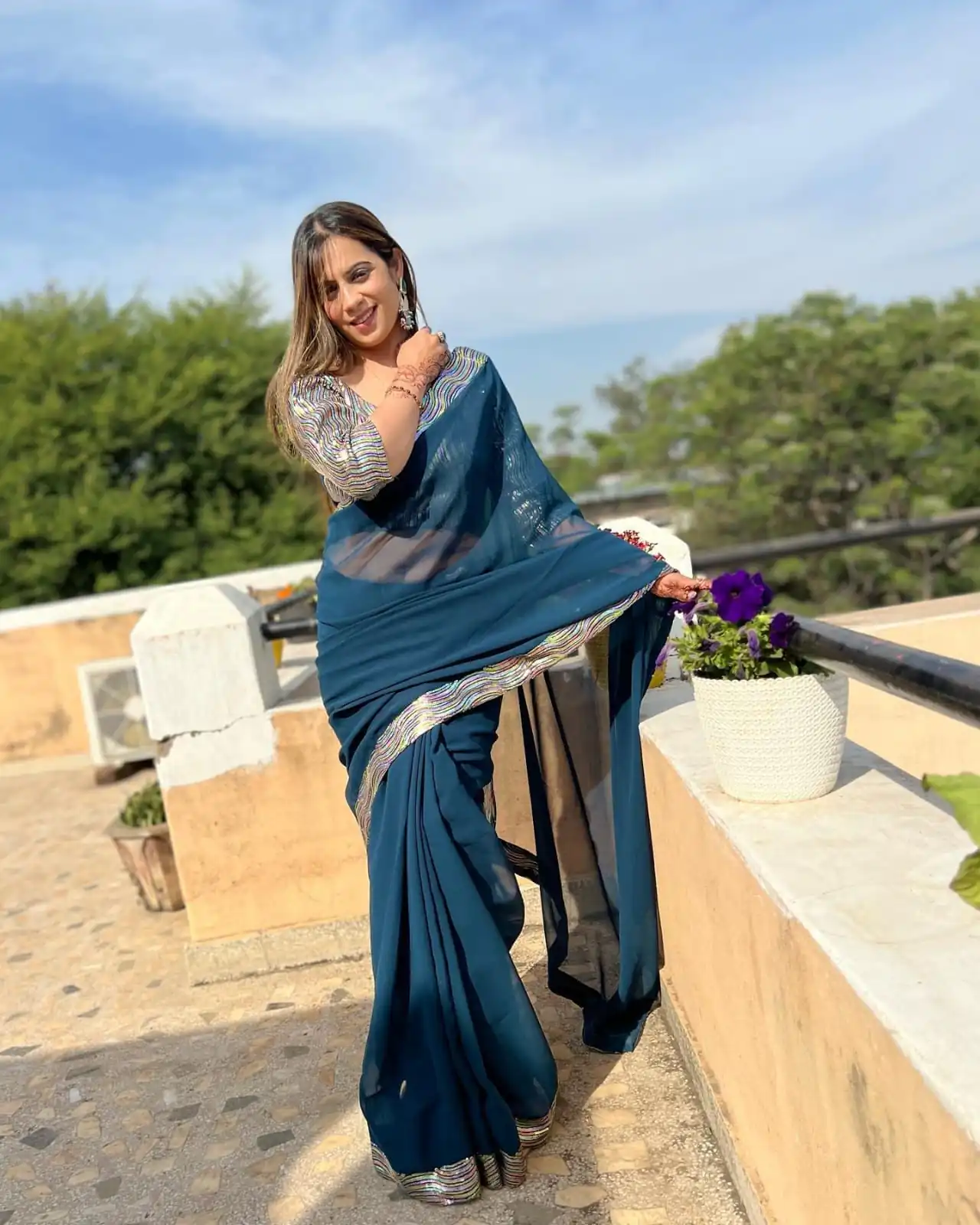 Peacock Blue Georgette Sequence Work Lace Saree | Sarees, Bollywood Sarees, Creative Sarees, Designer Sarees, Embroidered Sarees, Ethnic Saree, Modern Digital sarees, Party Wear Sarees