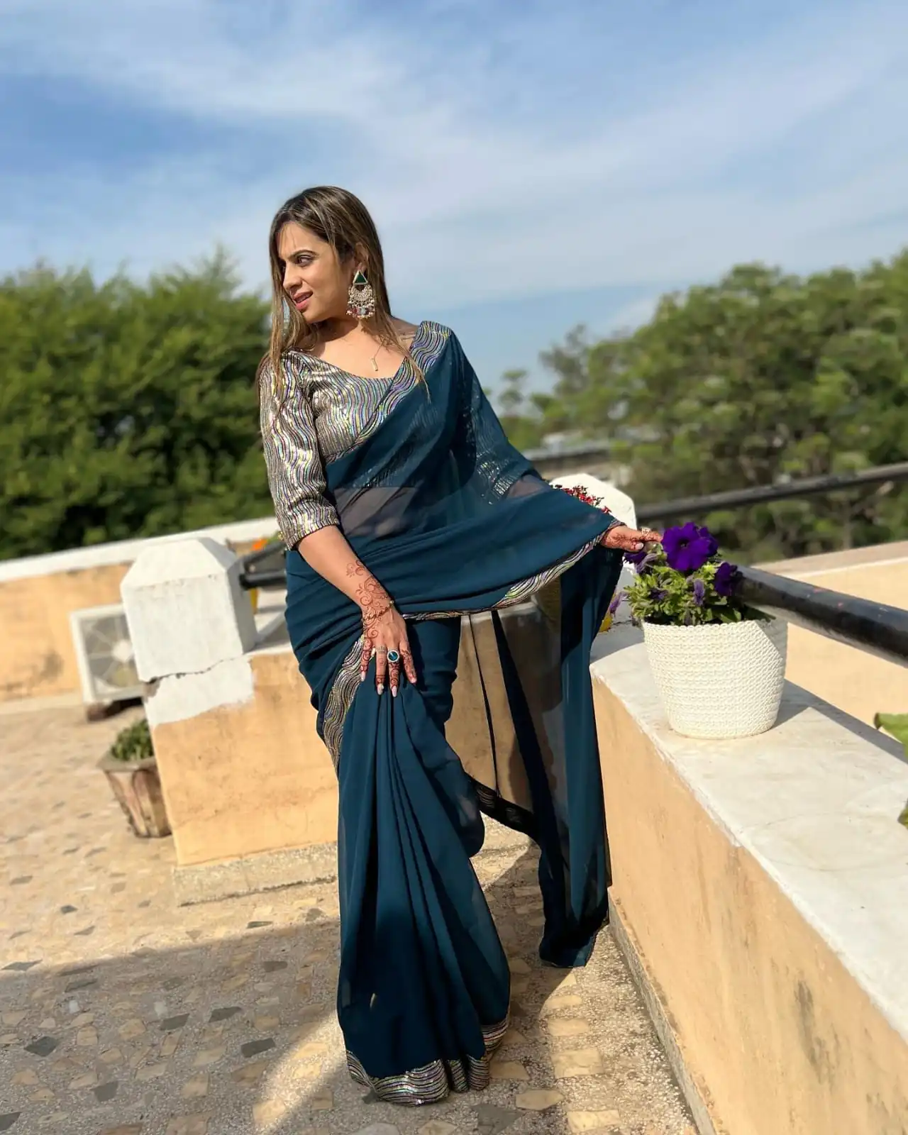 Peacock Blue Georgette Sequence Work Lace Saree | Sarees, Bollywood Sarees, Creative Sarees, Designer Sarees, Embroidered Sarees, Ethnic Saree, Modern Digital sarees, Party Wear Sarees