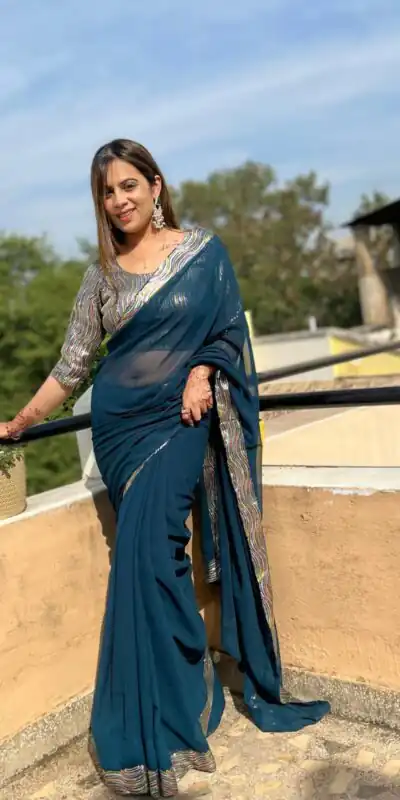 Peacock Blue Georgette Sequence Work Lace With Peiping Saree | Sarees, Bollywood Sarees, Creative Sarees, Designer Sarees, Embroidered Sarees, Ethnic Saree, Modern Digital sarees, Party Wear Sarees
