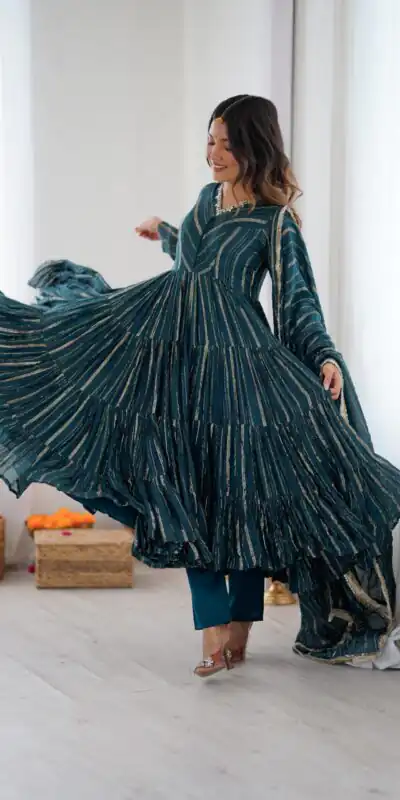 Peacock Blue Mal Chanderi Mirror Lace Work Gown | Gowns, Bollywood Gowns, Creative Gowns, Designer Gowns, Embroidered Gowns, Party Wear Gowns