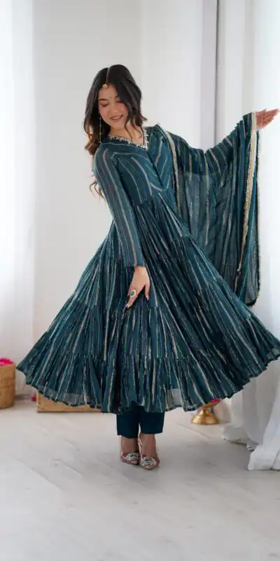Peacock Blue Mal Chanderi Mirror Lace Work Gown | Gowns, Bollywood Gowns, Creative Gowns, Designer Gowns, Embroidered Gowns, Party Wear Gowns