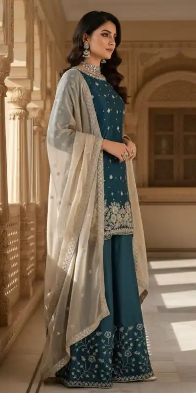 Peacock Blue Organza Silk Thread Work Salwar Suit | Jump Suits, Salwar suit, Casual Suits, Creative suits, Designer Suits, Palazzo Suits, Party Wear Suits, Patiala Suits, Straight Suits