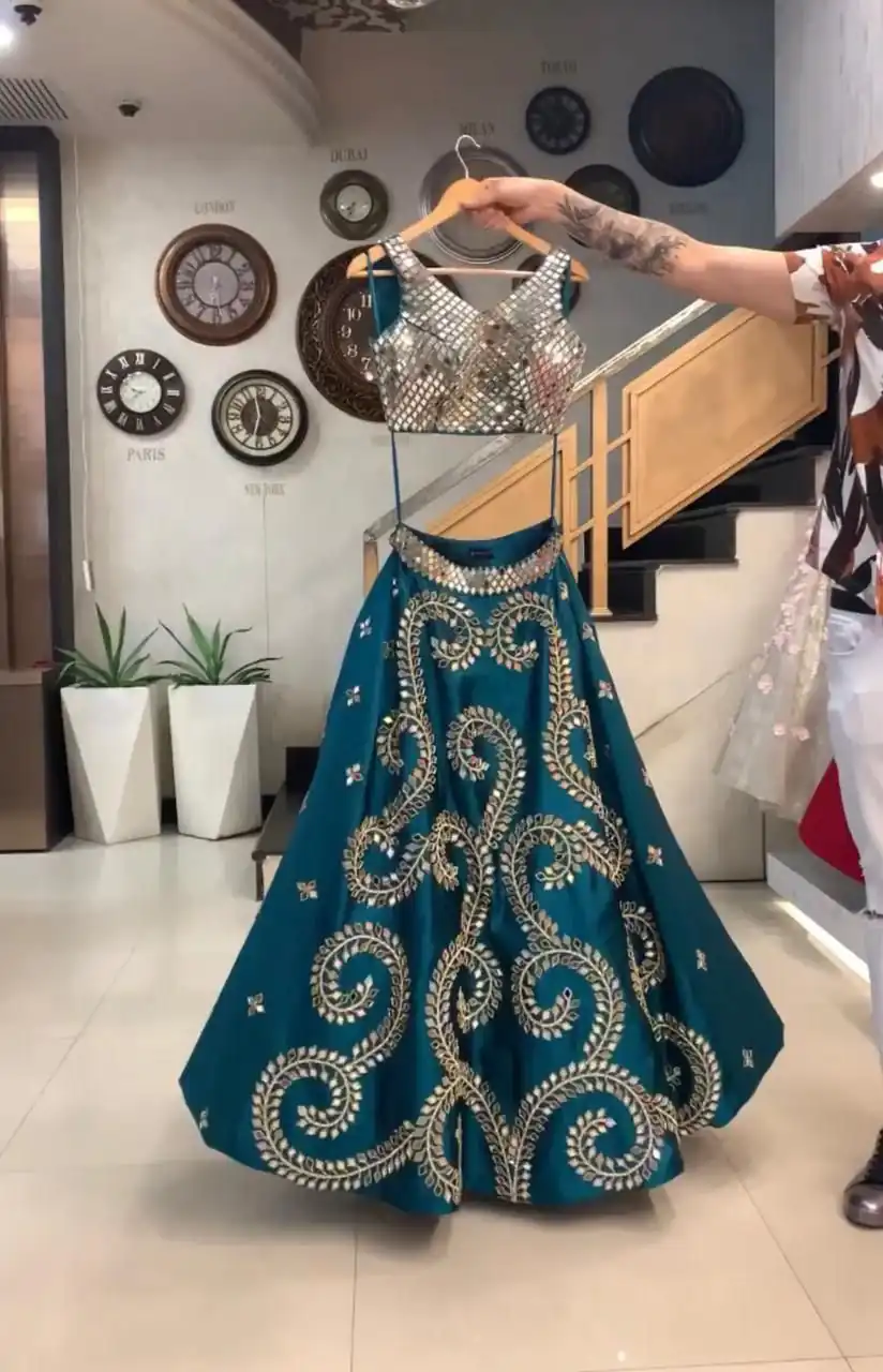 Peacock Blue Taffeta Silk Original Glass Mirror Work Lehenga | Lehenga, Bollywood Lehenga, Creative Lehenga, Designer Lehenga, Embroidered Lehenga, Party Wear Lehenga