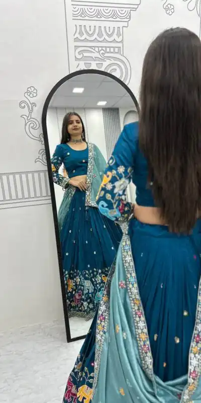 Peacock Blue Vichitra Silk Lace Border Work Lehenga Choli | Lehenga, Bollywood Lehenga, Creative Lehenga, Designer Lehenga, Embroidered Lehenga, Party Wear Lehenga