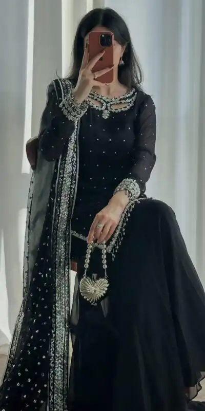 SRK 5353 Black Faux Georgette Salwar Suit Perfect for Wedding, Party, Family Gatherings, Sangeet, Housewarming – . Affordable Price ₹1949. Days | Jump Suits, Salwar suit, Casual Suits, Creative suits, Designer Suits, Palazzo Suits, Party Wear Suits, Patiala Suits, Straight Suits