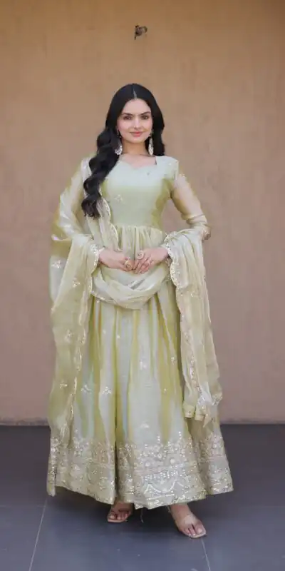 KA 1260 Light Pista Color Fendi Silk Gown with Embroidery Work & Zari Work. Now at just βΉ2599. Delivery 4-6 Working Days. Shop now. | Gowns, Bollywood Gowns, Creative Gowns, Designer Gowns, Embroidered Gowns, Party Wear Gowns