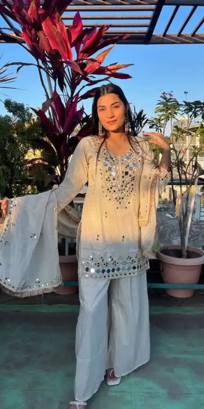 Perfect Off White Faux Georgette Mirror Salwar Suit | Jump Suits, Salwar suit, Casual Suits, Creative suits, Designer Suits, Palazzo Suits, Party Wear Suits, Patiala Suits, Straight Suits