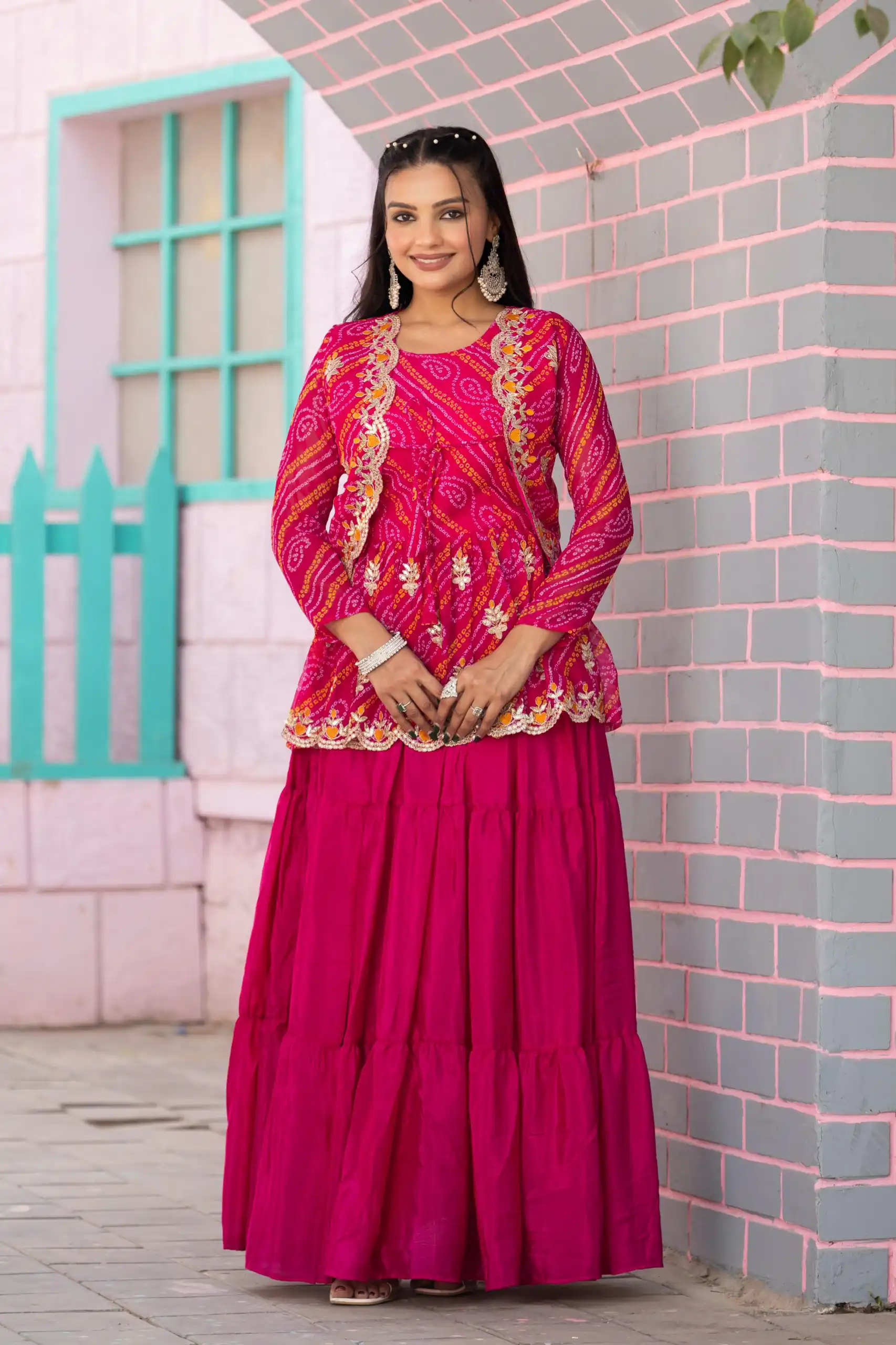 Pink Bandhej Embroidery Thread Work Lehenga Crop Top & Jacket | Lehenga, Bollywood Lehenga, Creative Lehenga, Designer Lehenga, Embroidered Lehenga, Party Wear Lehenga