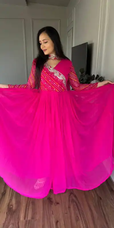 Pink Bandhej Fox Georgette Sequence Embroidery Work Anarkali Gown | Gowns, Bollywood Gowns, Creative Gowns, Designer Gowns, Embroidered Gowns, Party Wear Gowns, Straight Suits