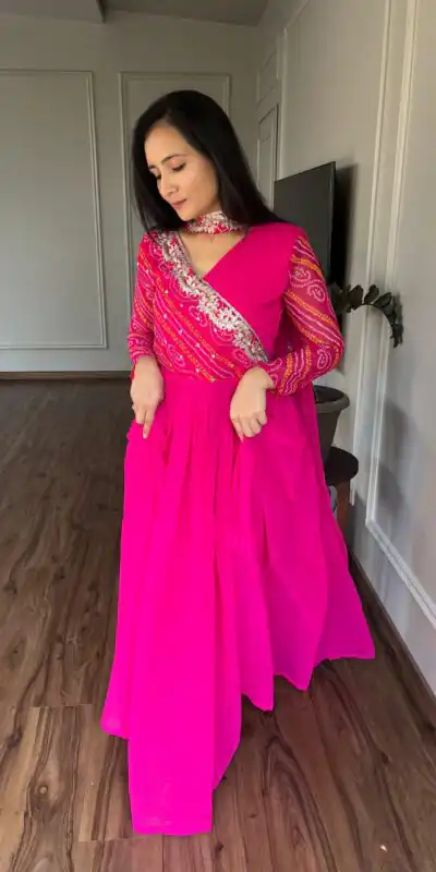 Pink Bandhej Fox Georgette Sequence Embroidery Work Anarkali Gown | Gowns, Bollywood Gowns, Creative Gowns, Designer Gowns, Embroidered Gowns, Party Wear Gowns, Straight Suits