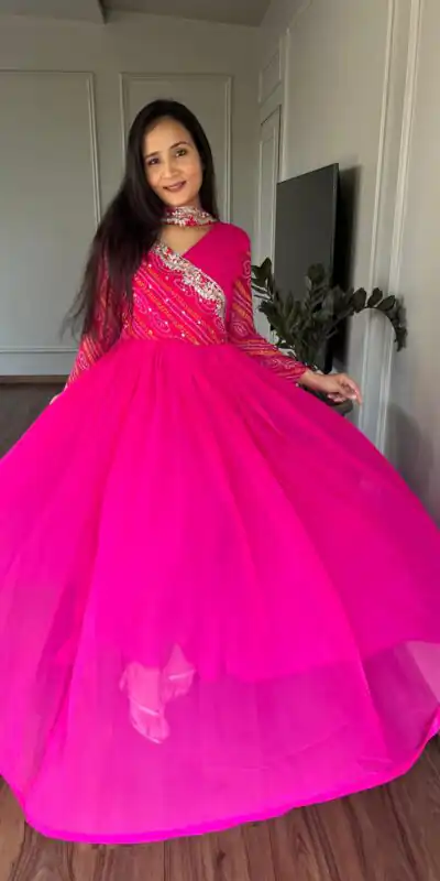 Pink Bandhej Fox Georgette Sequence Embroidery Work Anarkali Gown | Gowns, Bollywood Gowns, Creative Gowns, Designer Gowns, Embroidered Gowns, Party Wear Gowns, Straight Suits