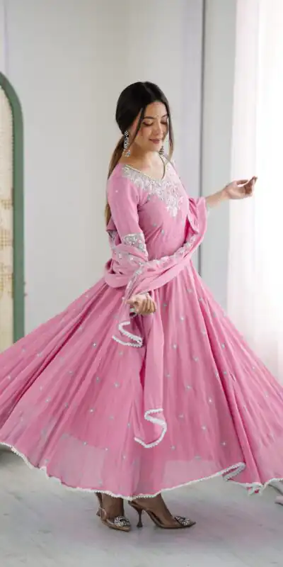 Pink Blooming Faux Embroidery Work Gown | Lehenga, Bollywood Lehenga, Creative Lehenga, Designer Lehenga, Embroidered Lehenga, Party Wear Lehenga
