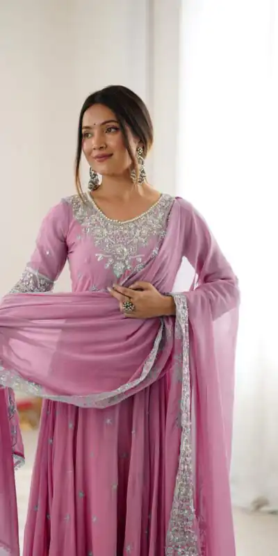 Pink Blooming Faux Embroidery Work Gown | Lehenga, Bollywood Lehenga, Creative Lehenga, Designer Lehenga, Embroidered Lehenga, Party Wear Lehenga