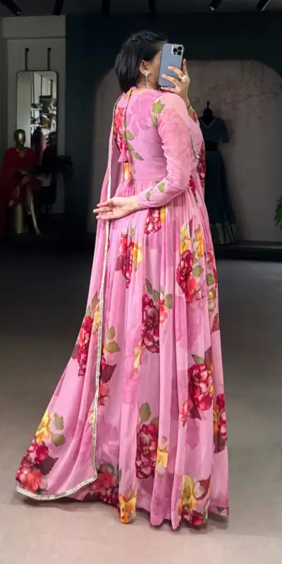 Pink Chiffon Floral Print Lace Work Gown | Gowns, Bollywood Gowns, Creative Gowns, Designer Gowns, Embroidered Gowns, Party Wear Gowns