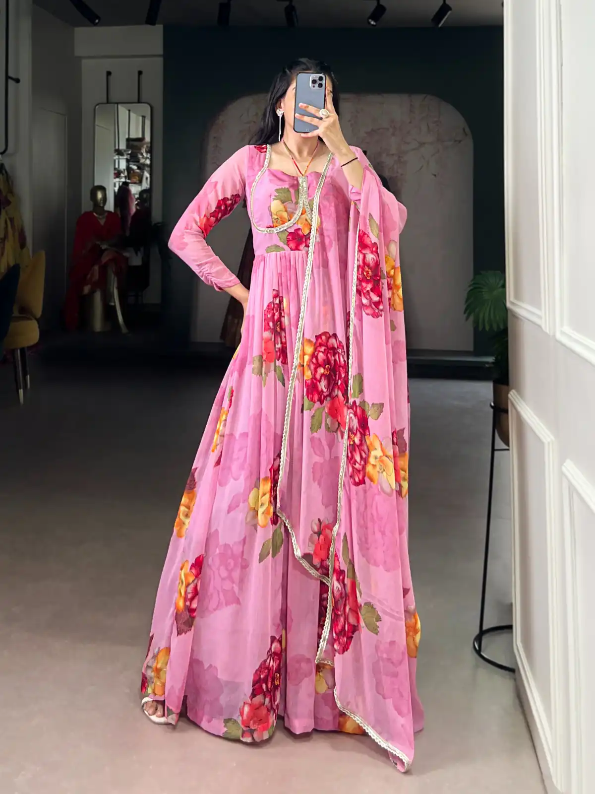 Pink Chiffon Floral Print Lace Work Gown | Gowns, Bollywood Gowns, Creative Gowns, Designer Gowns, Embroidered Gowns, Party Wear Gowns