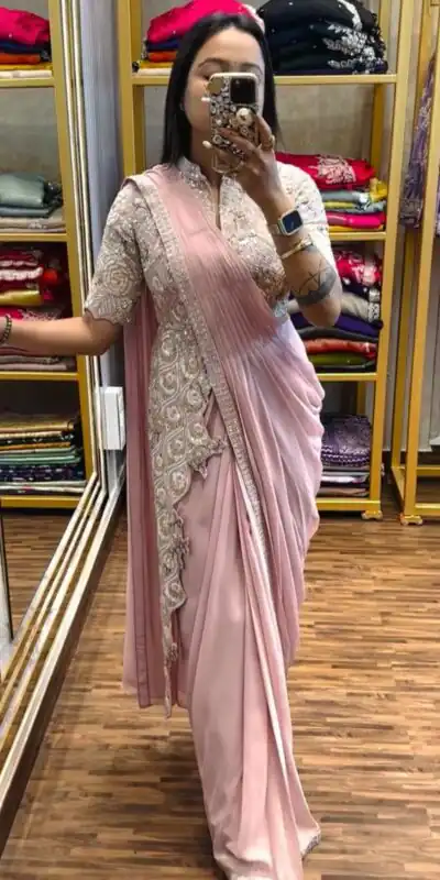 Pink Chinon Embroidery Work Ready To Wear Saree | Sarees, Bollywood Sarees, Creative Sarees, Designer Sarees, Embroidered Sarees, Ethnic Saree, Modern Digital sarees, Party Wear Sarees