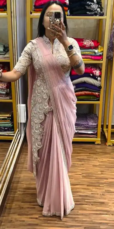 Pink Chinon Embroidery Work Ready To Wear Saree | Sarees, Bollywood Sarees, Creative Sarees, Designer Sarees, Embroidered Sarees, Ethnic Saree, Modern Digital sarees, Party Wear Sarees