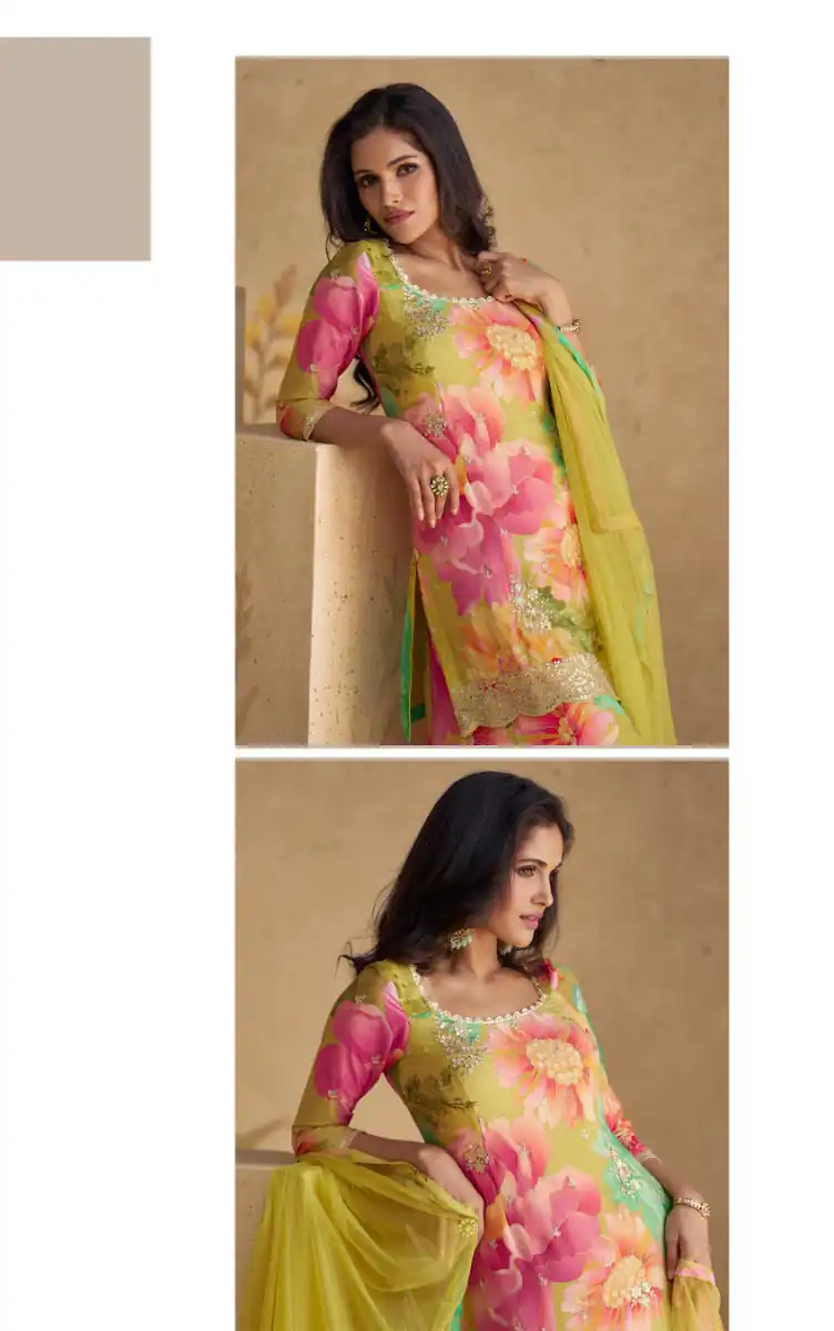 Pink Chinon Printed Embroidery Work Sharara Suit | Jump Suits, Salwar suit, Casual Suits, Creative suits, Designer Suits, Palazzo Suits, Party Wear Suits, Patiala Suits, Straight Suits