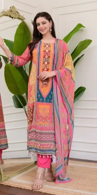 Pink Chinon Printed Mirror Work Moti Lace Salwar Suit | Jump Suits, Salwar suit, Casual Suits, Creative suits, Designer Suits, Palazzo Suits, Party Wear Suits, Patiala Suits, Straight Suits