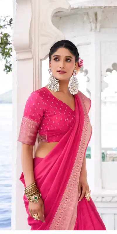 Pink Chinon Zari Work Saree | Sarees, Bollywood Sarees, Creative Sarees, Designer Sarees, Embroidered Sarees, Ethnic Saree, Modern Digital sarees, Party Wear Sarees