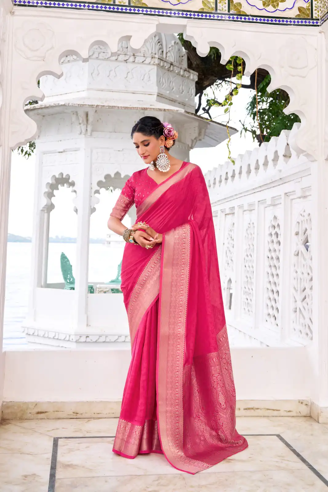 Pink Chinon Zari Work Saree | Sarees, Bollywood Sarees, Creative Sarees, Designer Sarees, Embroidered Sarees, Ethnic Saree, Modern Digital sarees, Party Wear Sarees