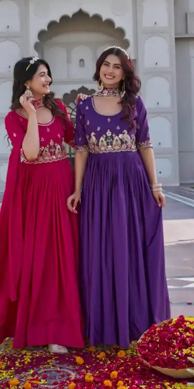 Pink Crap Silk Embroidery Work Gown | Gowns, Bollywood Gowns, Creative Gowns, Designer Gowns, Embroidered Gowns, Party Wear Gowns
