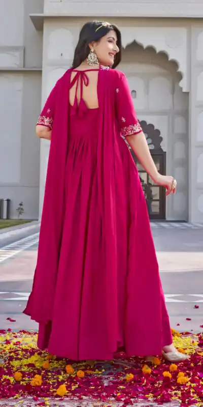 Pink Crap Silk Embroidery Work Gown | Gowns, Bollywood Gowns, Creative Gowns, Designer Gowns, Embroidered Gowns, Party Wear Gowns