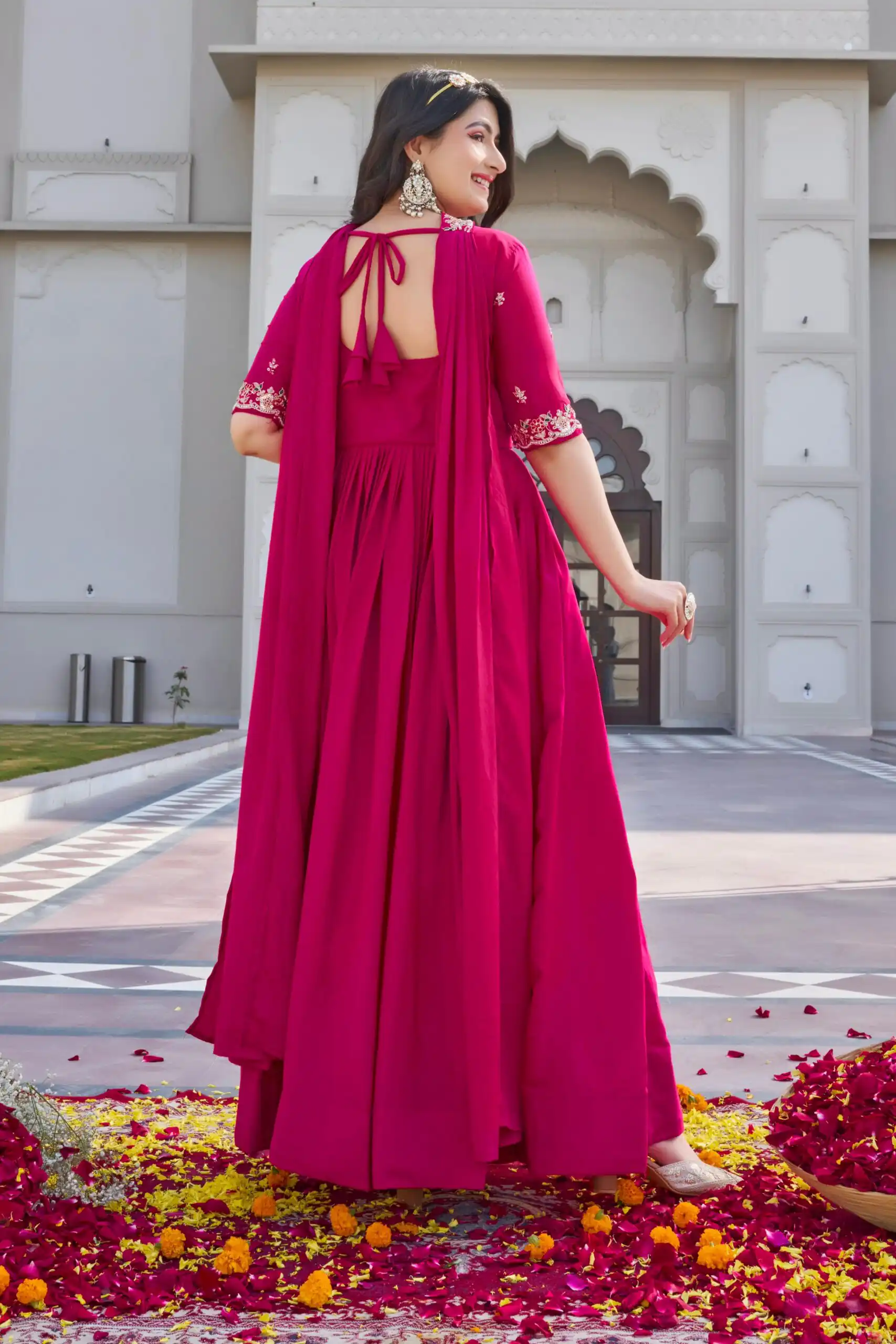 Pink Crap Silk Embroidery Work Gown | Gowns, Bollywood Gowns, Creative Gowns, Designer Gowns, Embroidered Gowns, Party Wear Gowns
