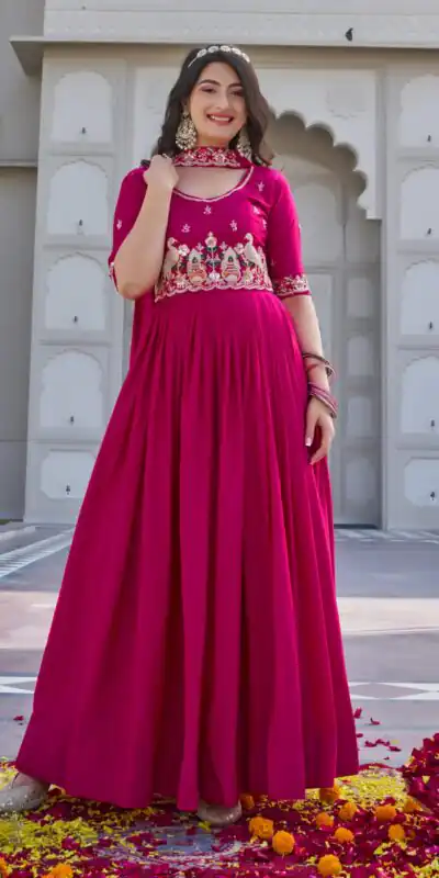 Pink Crap Silk Embroidery Work Gown | Gowns, Bollywood Gowns, Creative Gowns, Designer Gowns, Embroidered Gowns, Party Wear Gowns