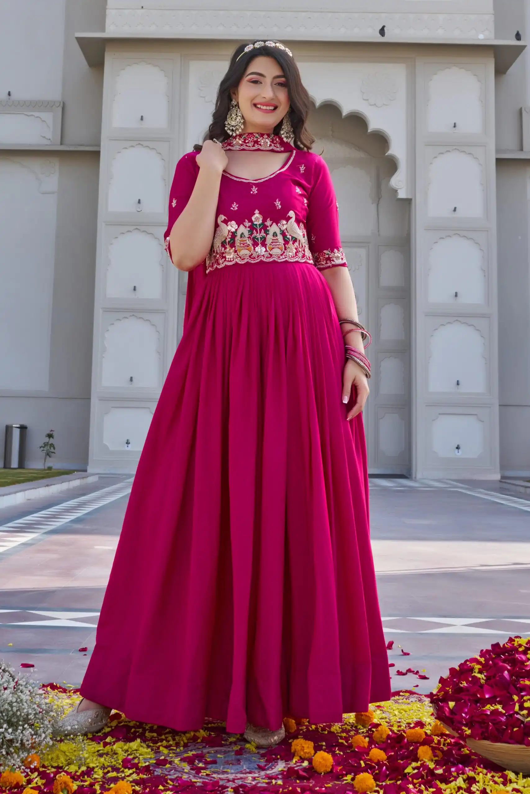 Pink Crap Silk Embroidery Work Gown | Gowns, Bollywood Gowns, Creative Gowns, Designer Gowns, Embroidered Gowns, Party Wear Gowns