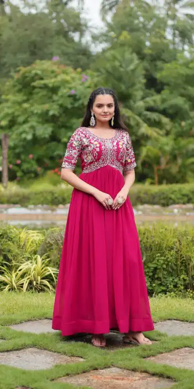 Pink Faux Blooming Embroidery Zari Work Gown | Gowns, Bollywood Gowns, Creative Gowns, Designer Gowns, Embroidered Gowns, Party Wear Gowns
