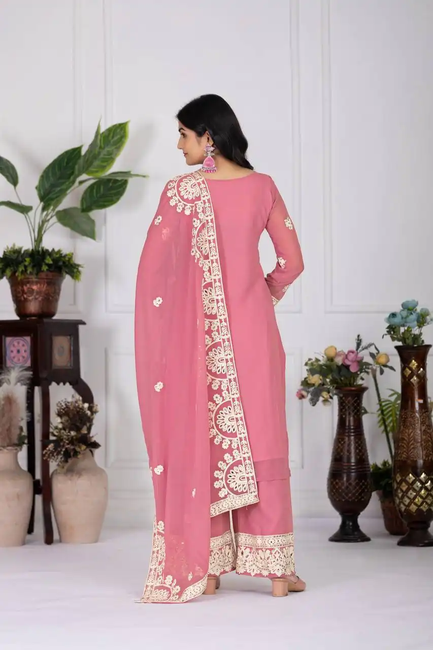 Pink Faux Georgette With Embroider Salwar Suit | Jump Suits, Salwar suit, Casual Suits, Creative suits, Designer Suits, Palazzo Suits, Party Wear Suits, Patiala Suits, Straight Suits