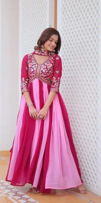 Pink Fox Georgette Embroidery Thread Work Gown | Gowns, Bollywood Gowns, Creative Gowns, Designer Gowns, Embroidered Gowns, Party Wear Gowns