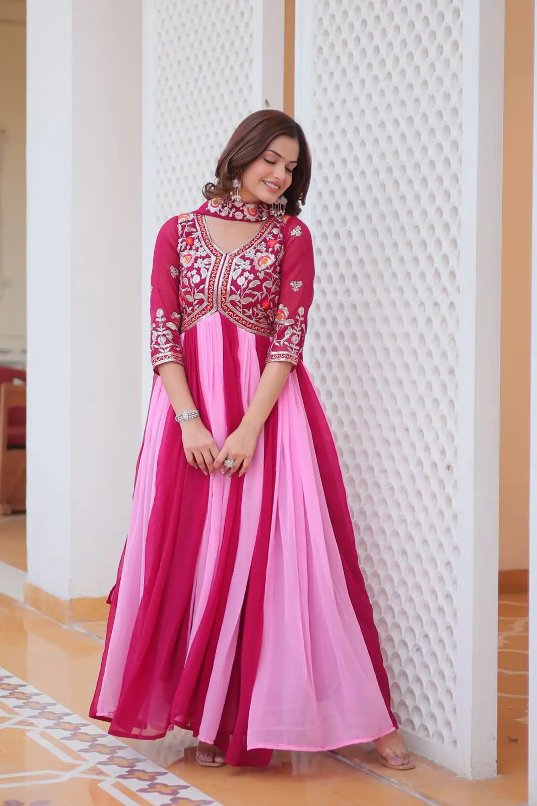 Pink Fox Georgette Embroidery Thread Work Gown | Gowns, Bollywood Gowns, Creative Gowns, Designer Gowns, Embroidered Gowns, Party Wear Gowns