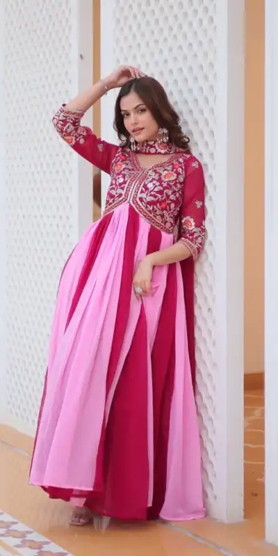 Pink Fox Georgette Embroidery Thread Work Gown | Gowns, Bollywood Gowns, Creative Gowns, Designer Gowns, Embroidered Gowns, Party Wear Gowns
