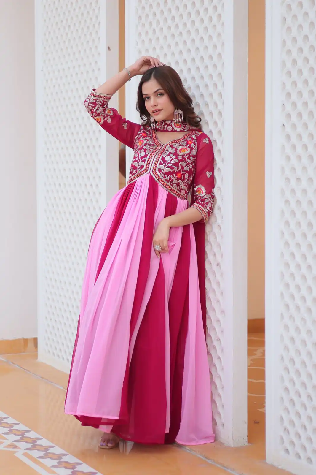 Pink Fox Georgette Embroidery Thread Work Gown | Gowns, Bollywood Gowns, Creative Gowns, Designer Gowns, Embroidered Gowns, Party Wear Gowns