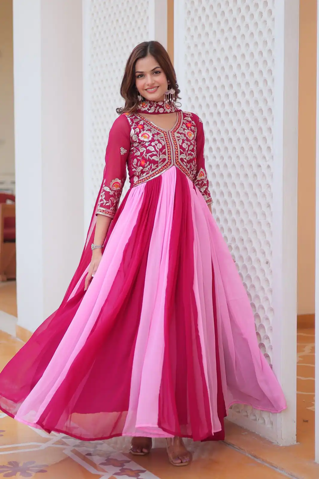 Pink Fox Georgette Embroidery Thread Work Gown | Gowns, Bollywood Gowns, Creative Gowns, Designer Gowns, Embroidered Gowns, Party Wear Gowns