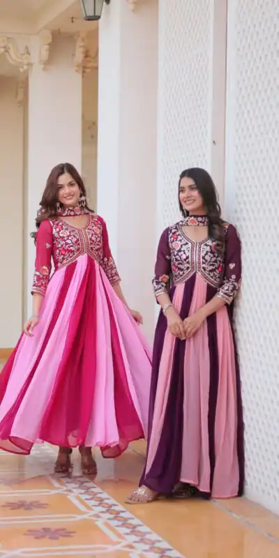 Pink Fox Georgette Embroidery Thread Work Gown | Gowns, Bollywood Gowns, Creative Gowns, Designer Gowns, Embroidered Gowns, Party Wear Gowns